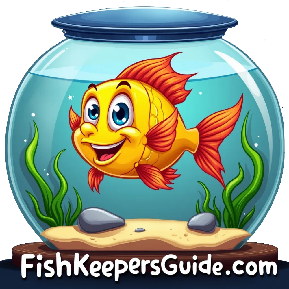 A cartoon-style, smiling goldfish swims in a clear fishbowl with plants and rocks. The text 